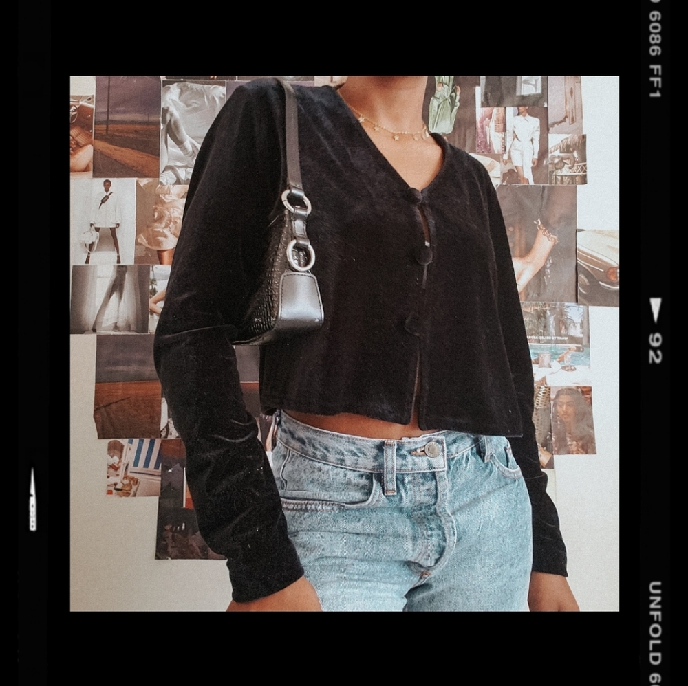 ☆ Black Vintage Velvet Button Top ☆